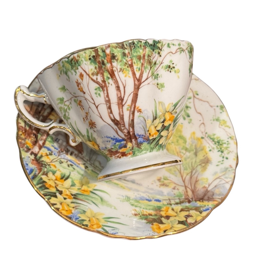 Vintage Hammersley Lorna Doone Bone China Teacup & Saucer Set floral trees